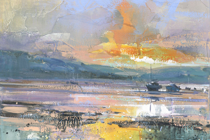 A painting by Ray Balkwill titled 'Pools of Gold, Exe Estuary'. There are two boats to the right middle of the painting, with a fiery yellow-orange sun in the background