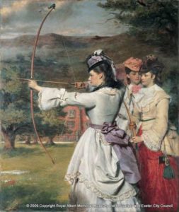 The Fair Toxophilites by William Powell Frith depicting three women in elegant dress holding a bow and arrow