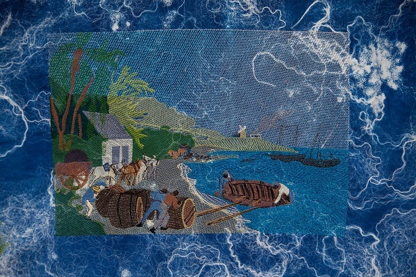 Detail of The Sweetest Thing by Joy Gregory depicting people loading sugar onto boats
