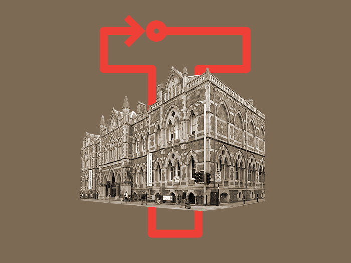 Graphic showing RAMM's Queen Street entrance with a red capital T behind it