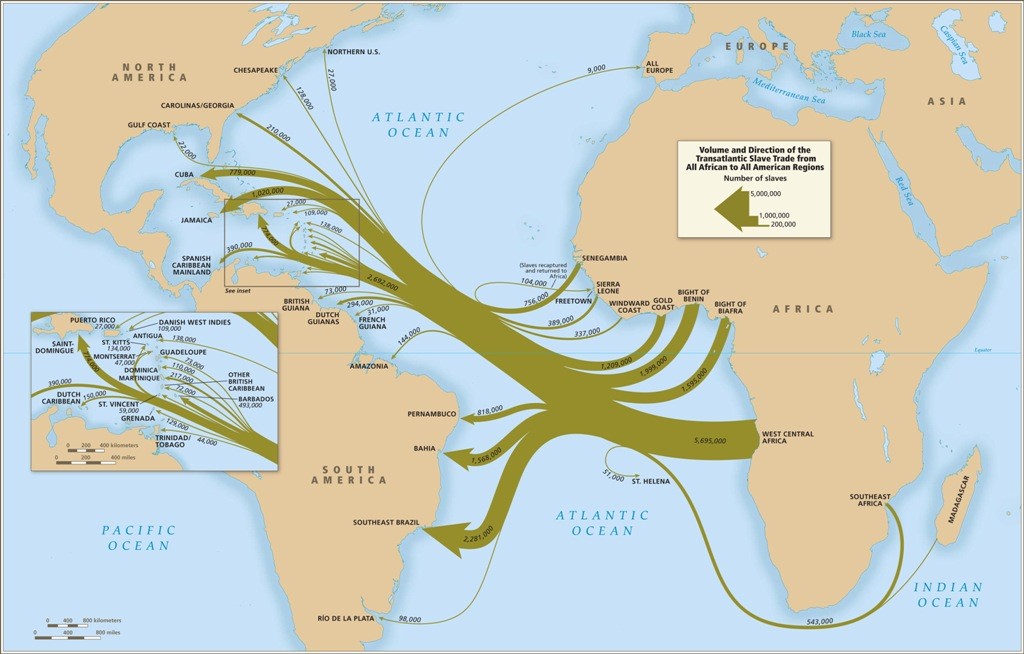 A map showing the volume and direction of the trans-Atlantic slave trade.
