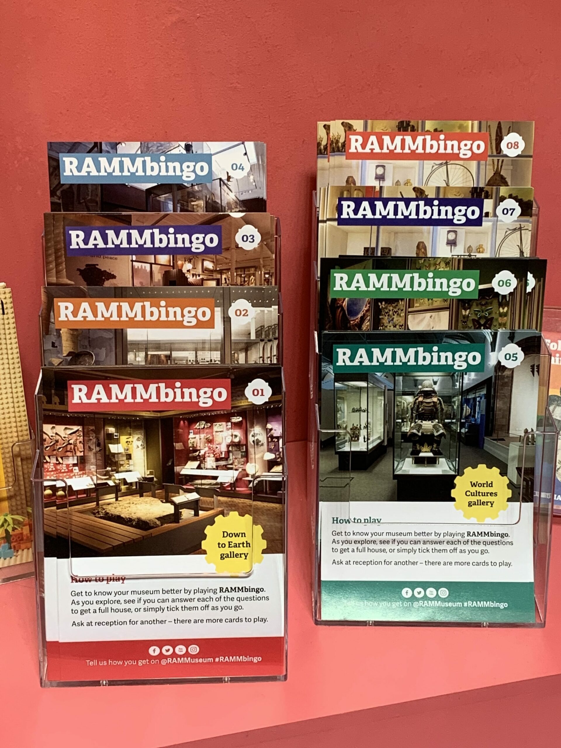 6 different a5 RAMMBingo cards in plastic stands, against a pink background.