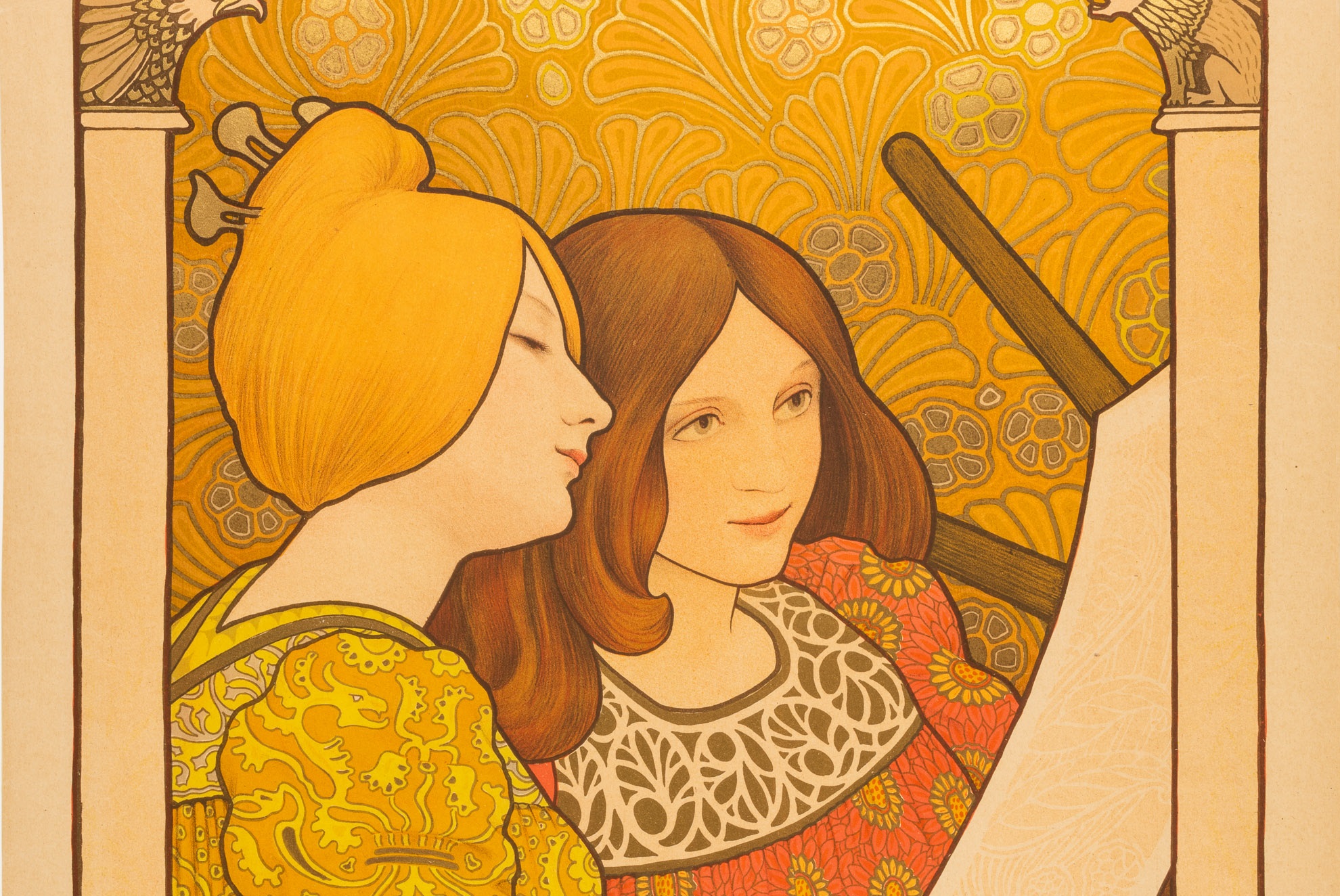 an art deco style image print of two girls holding up sheet that they have lifted from a printing press