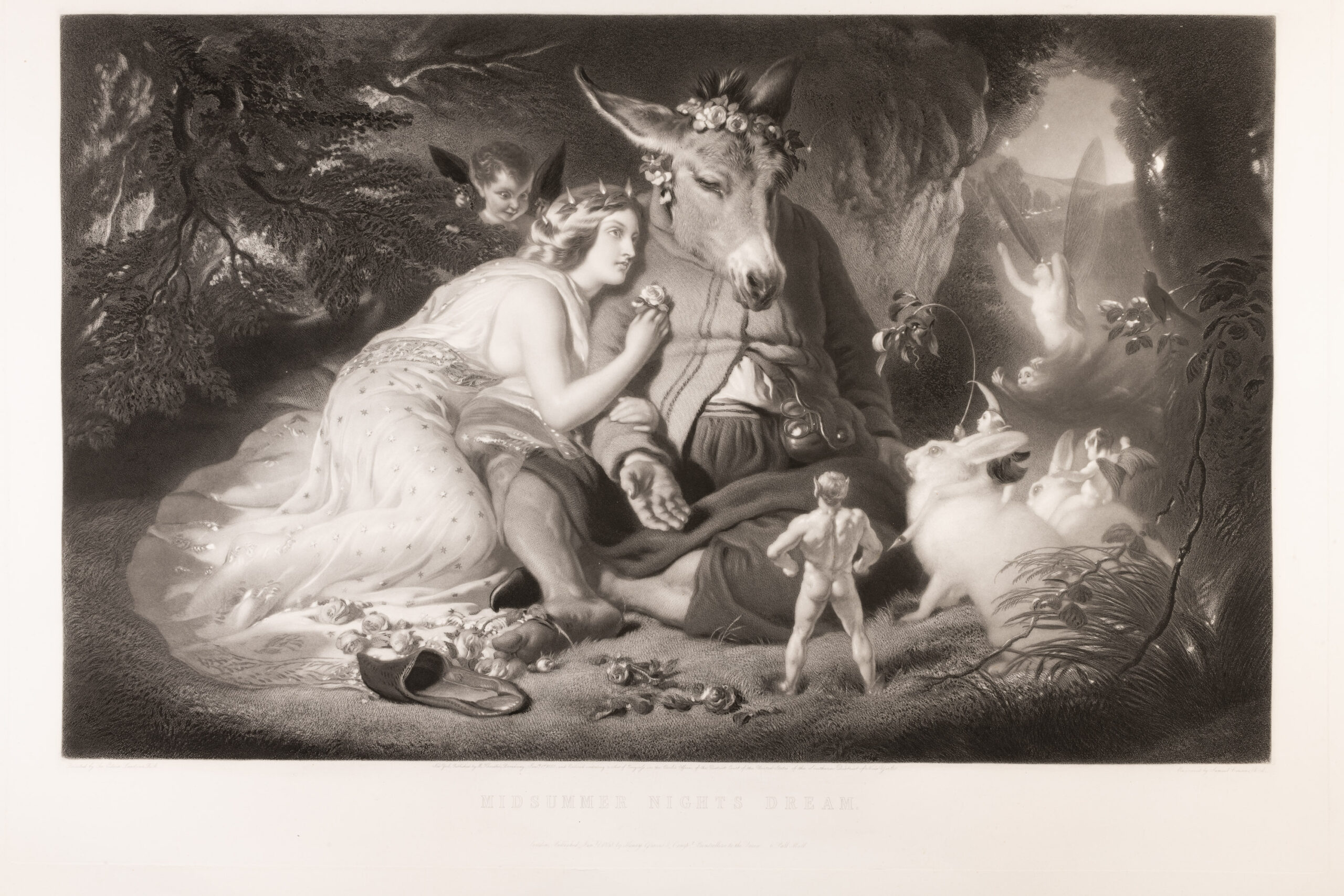 a print showing Bottom and Titania from Shakespeare's midsummer night's dream, huddled together in a fairytale woodland scene