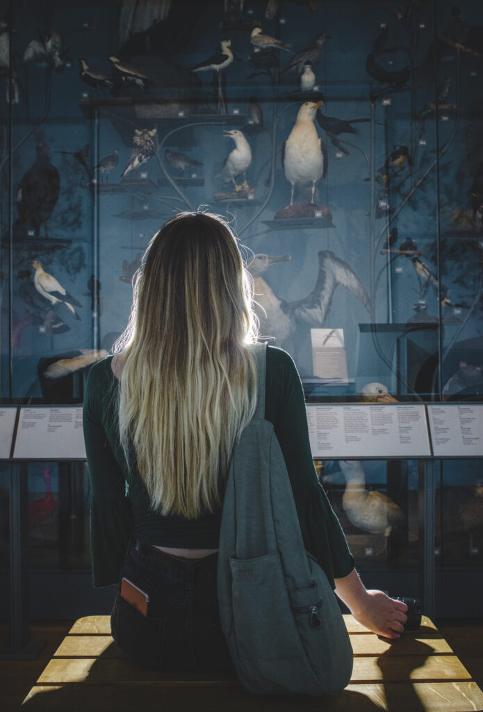 Woman sitting mindfully in fine feathers gallery