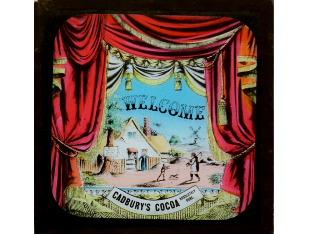 An image of an 19th Century Magic Lantern slide advertising Cadbury's Cocoa