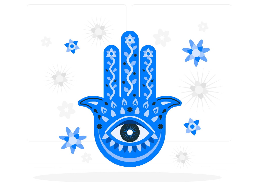 Image of a blue hamsa hand with a large eye in the centre, on a white background