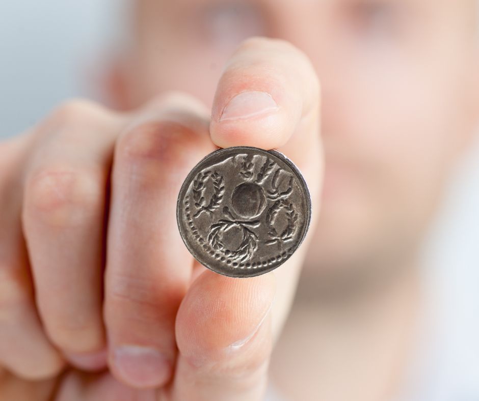 A man's hand holding an old coin.