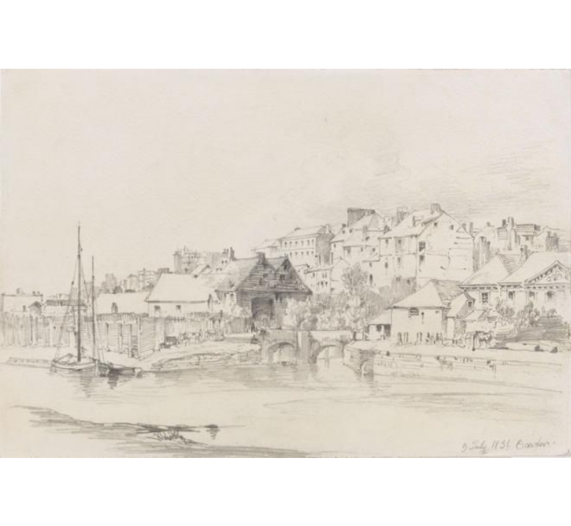 A pencil drawing of Exeter during the 17th Century, featuring the old city in the background and a ship on the quay in the foreground.