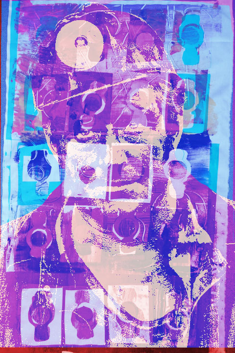 Screen printing of an obscured figure behind rows of multiple other blue and purple images