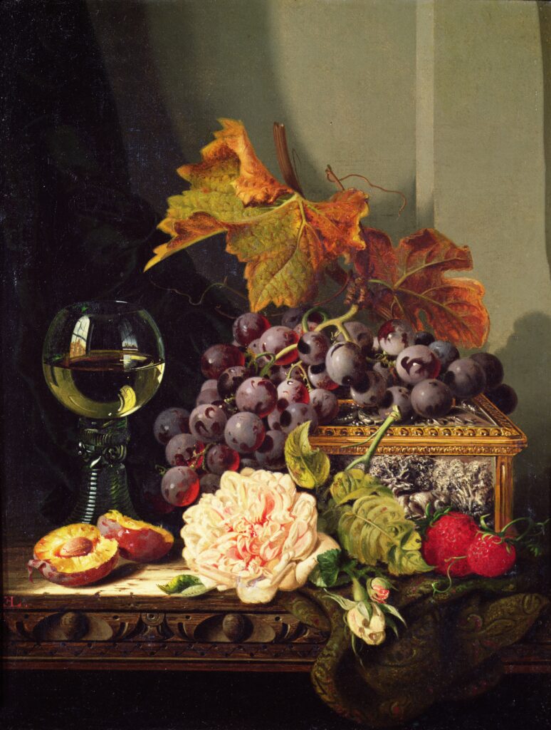 An oil painting of fruit, flowers and a glass of wine
