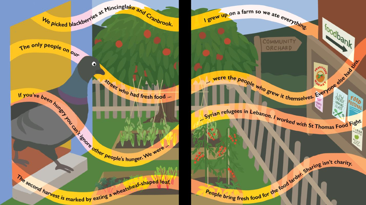 a cartoon illustration of a pigeon stepping through a window into a kitchen garden. Ribbons of text cover the image, with comments such as 'If you've been hungry you can't ignore other people's hunger' and 'I grew up on a farm so we ate everything.'